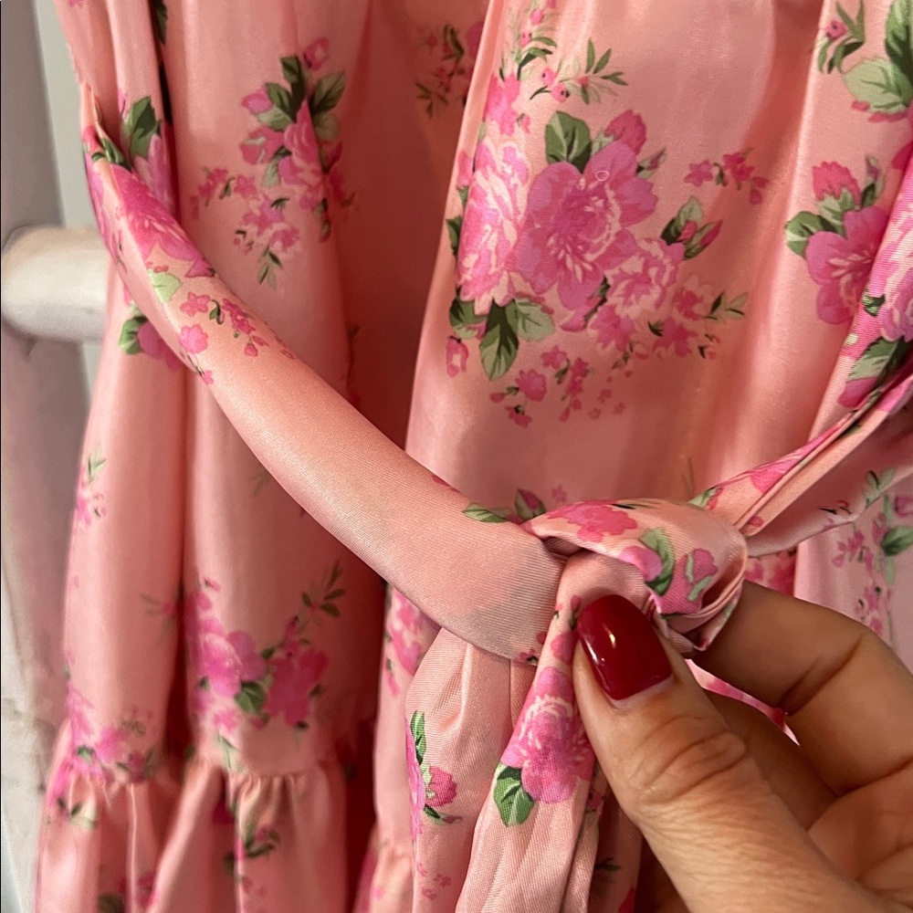 LoveShackFancy Cecile Pink Floral silky belted puff sleeve Mini Dress size 0 - Picture 6 of 10